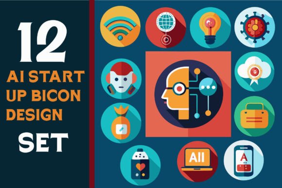 12 AI Startup Flat Icon Set