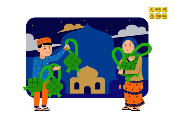 Couple Holding Ketupat Food Illustration