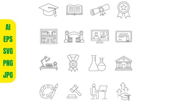 Education Icons Set Line Art Style