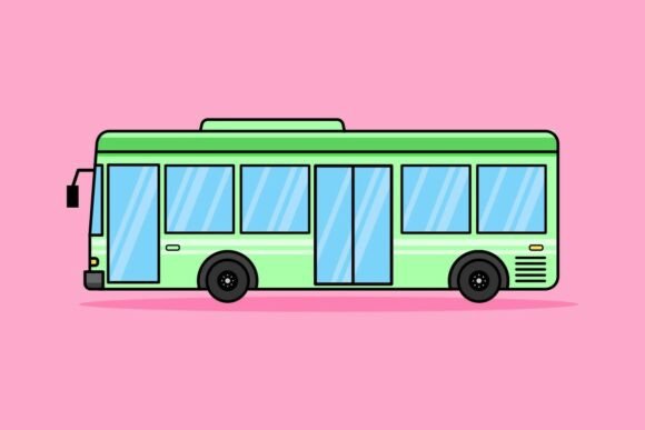 Green Public Transport Bus in Flat Style