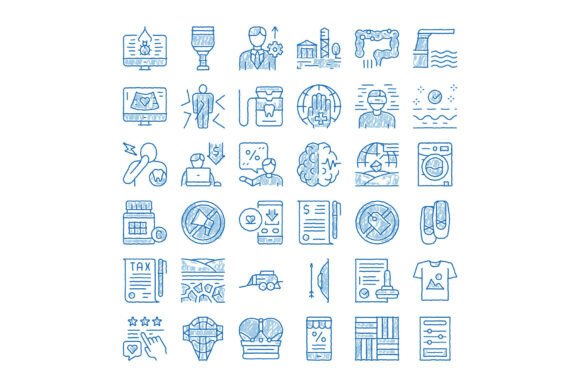 Hand-Drawn Blue Outline Icons: A Versatile Visual Language for Business, Health, and Life