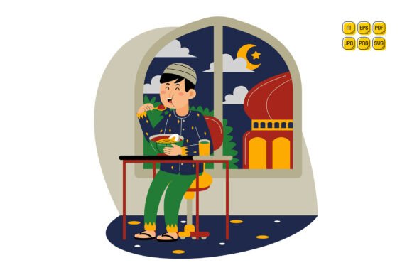 Man Eating Food at Night Near Mosque