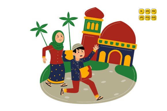 Muslim Couple Walking Near Mosque: Versatile Vector Illustrations for Modern Branding & Design