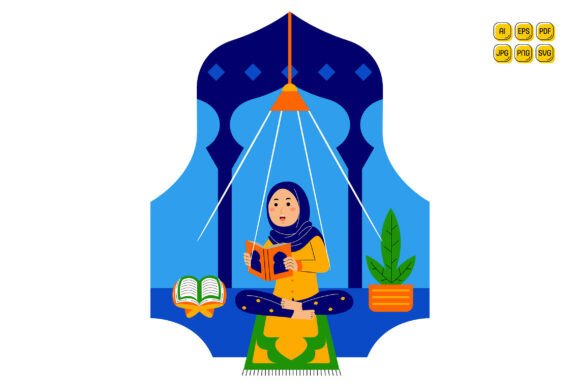 Woman Reading Quran in Mosque Illustration
